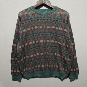 Natural Issue Mens XL Vintage Geometric Knit Sweater Teal Burgundy Crewneck
